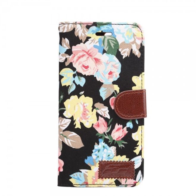 Cover für iPhone 8 Plus / 7 Plus - Handy Hülle aus Leder - mit Stofftextur und Blumenmuster - schwarz