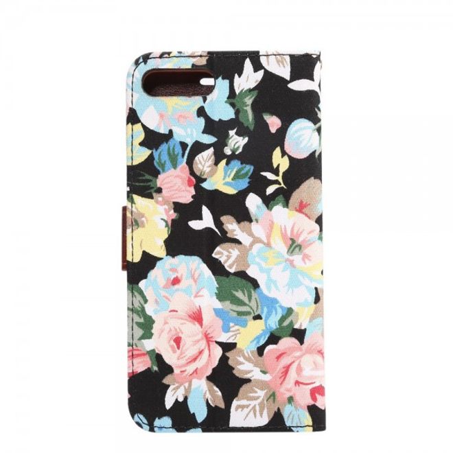 Cover für iPhone 8 Plus / 7 Plus - Handy Hülle aus Leder - mit Stofftextur und Blumenmuster - schwarz