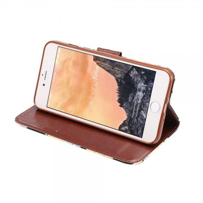 Cover für iPhone 8 Plus / 7 Plus - Handy Hülle aus Leder - mit Stofftextur und Blumenmuster - schwarz