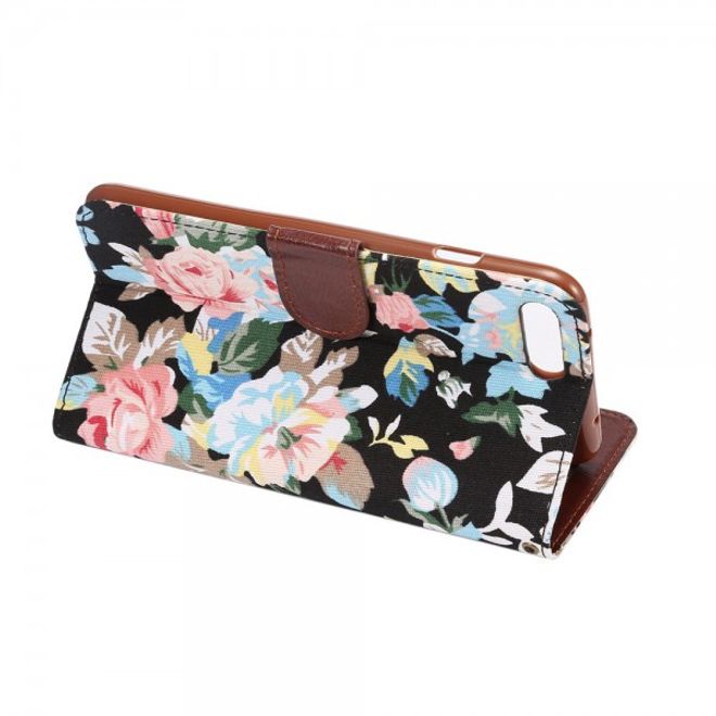 Cover für iPhone 8 Plus / 7 Plus - Handy Hülle aus Leder - mit Stofftextur und Blumenmuster - schwarz