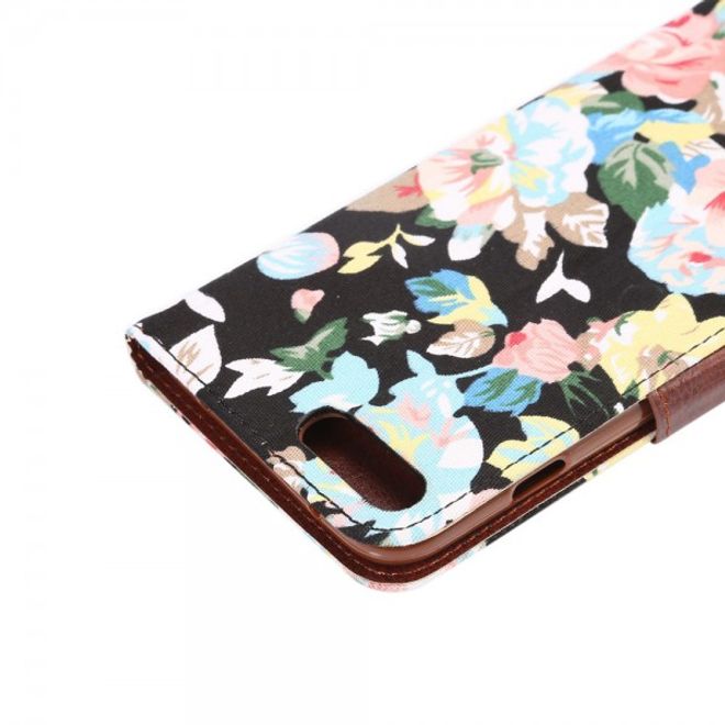 Cover für iPhone 8 Plus / 7 Plus - Handy Hülle aus Leder - mit Stofftextur und Blumenmuster - schwarz