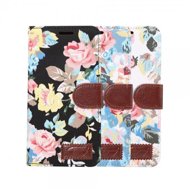 Cover für iPhone 8 Plus / 7 Plus - Handy Hülle aus Leder - mit Stofftextur und Blumenmuster - schwarz