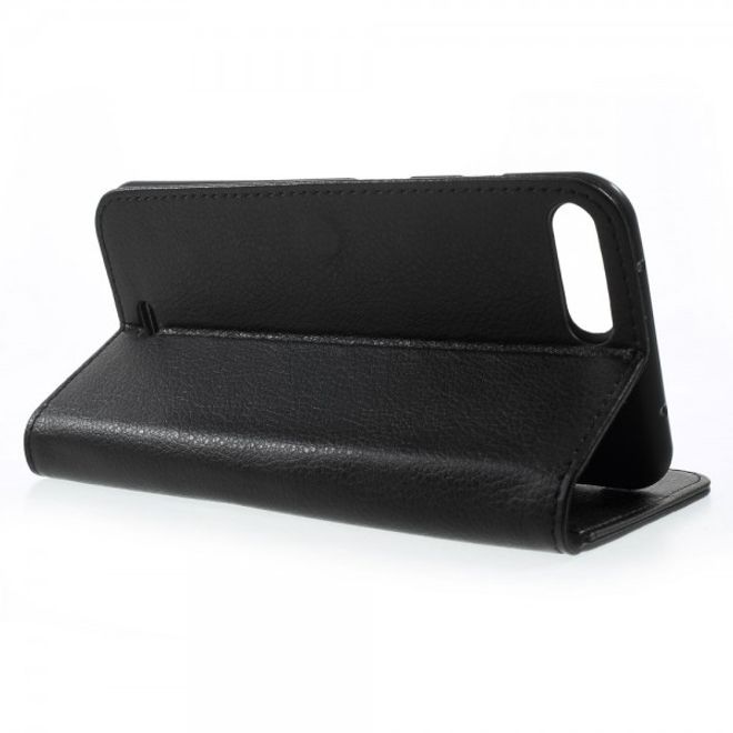 Cover für iPhone 8 Plus / 7 Plus - Handyhülle aus Leder - mit Litchitextur und Standfunktion - schwarz