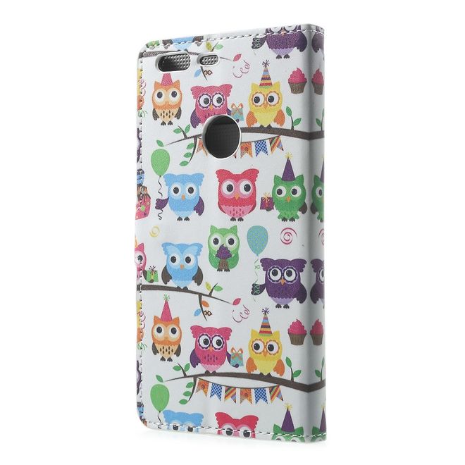 Google Pixel XL Handyhülle - Case aus Leder - mit Standfunktion - viele kleine Eulen