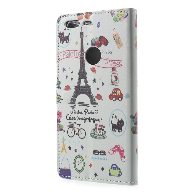 Google Pixel XL Handyhülle - Case aus Leder - mit Standfunktion - Eiffelturm und kleine Sujets