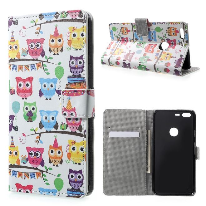 Google Pixel XL Handyhülle - Case aus Leder - mit Standfunktion - viele kleine Eulen