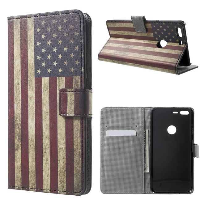 Google Pixel XL Handyhülle - Case aus Leder - mit Standfunktion - USA Flagge im Retrolook