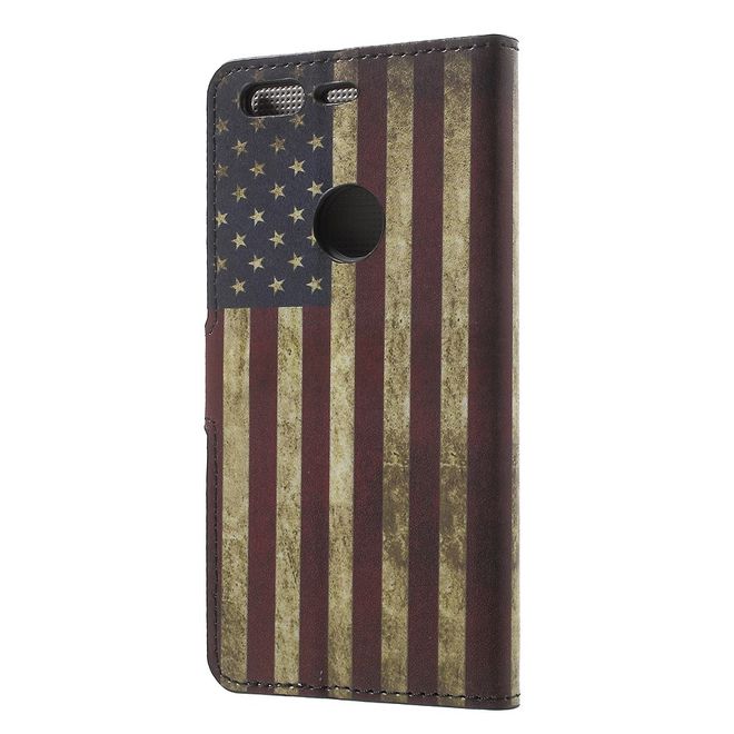 Handyhülle für Google Pixel - Cover aus Leder - mit Standfunktion - USA Flagge im Retrolook