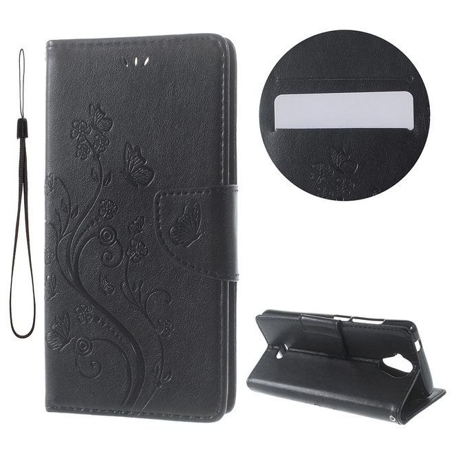 Handyhülle für Wiko U Feel Lite - Case aus Leder - Schmetterlinge und Blumen - schwarz