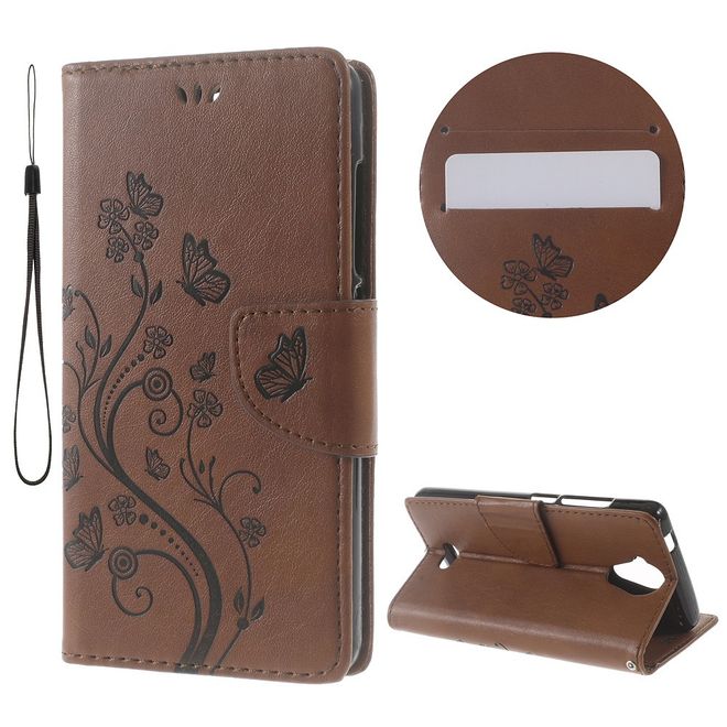Handyhülle für Wiko U Feel Lite - Case aus Leder - Schmetterlinge und Blumen - braun