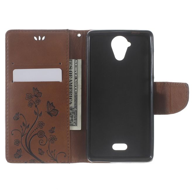 Handyhülle für Wiko U Feel Lite - Case aus Leder - Schmetterlinge und Blumen - braun