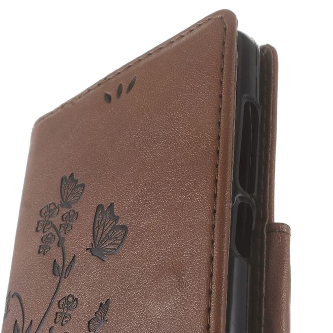 Handyhülle für Wiko U Feel Lite - Case aus Leder - Schmetterlinge und Blumen - braun