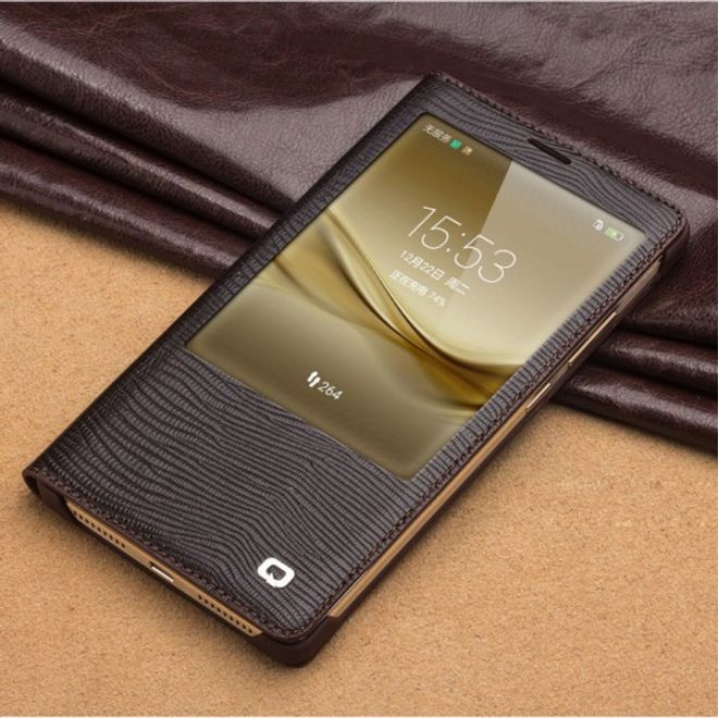 Huawei Mate 8 Echtleder Smart View Case Hülle mit Eidechsentextur - braun