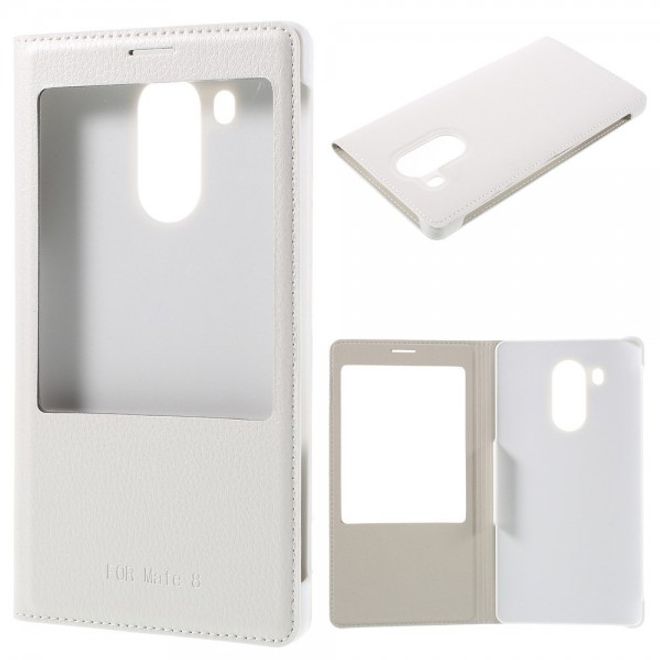 Huawei Mate 8 Leder Flip Case Hülle mit grossem Fenster und Litchitextur - weiss