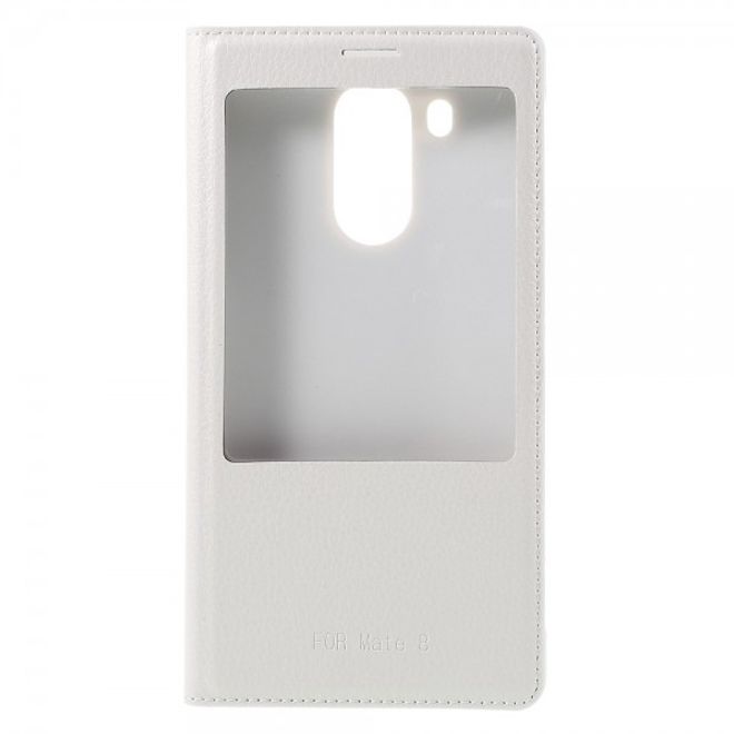Huawei Mate 8 Leder Flip Case Hülle mit grossem Fenster und Litchitextur - weiss