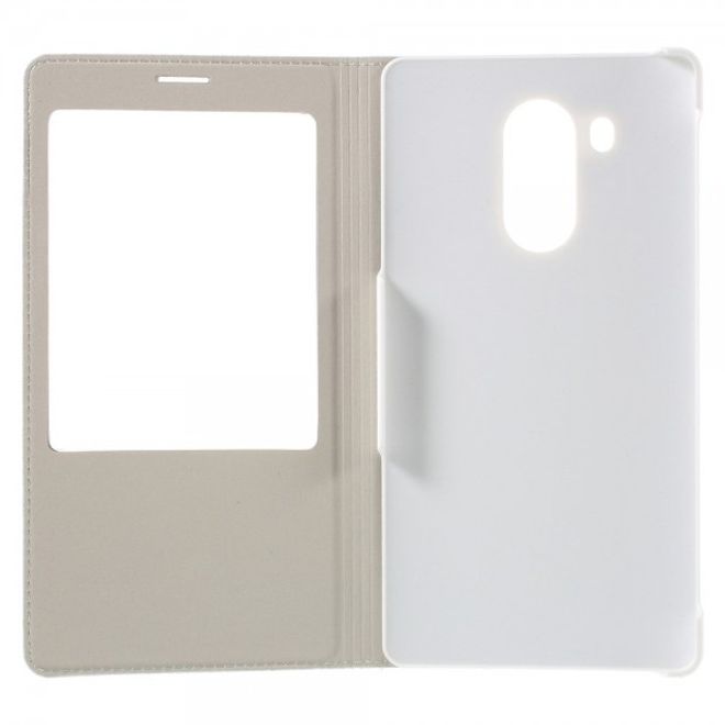 Huawei Mate 8 Leder Flip Case Hülle mit grossem Fenster und Litchitextur - weiss