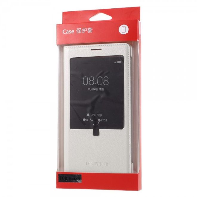 Huawei Mate 8 Leder Flip Case Hülle mit grossem Fenster und Litchitextur - weiss