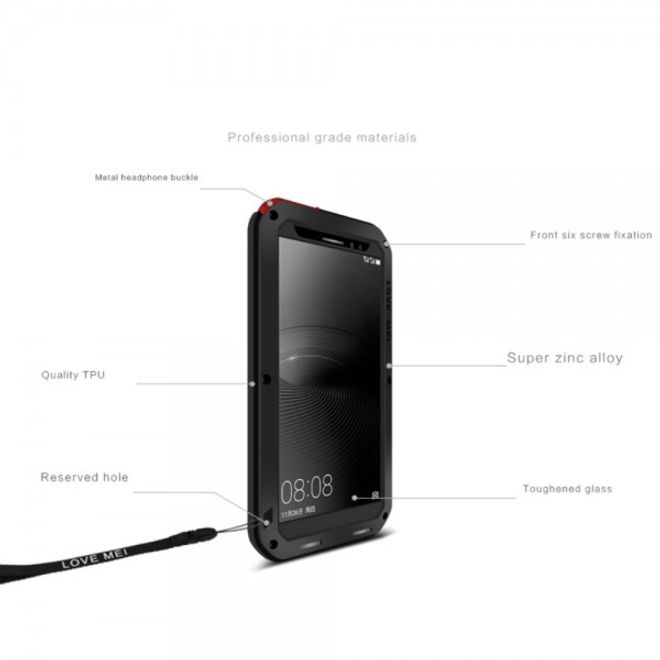 Huawei Mate 8 LOVE MEI Ultrarobustes Metall, Silikon und gehärtetes Glas Cover Case - schwarz