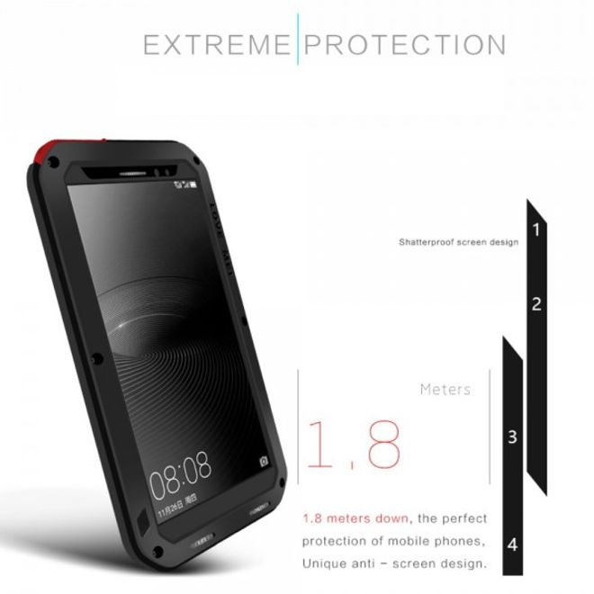 Huawei Mate 8 LOVE MEI Ultrarobustes Metall, Silikon und gehärtetes Glas Cover Case - schwarz