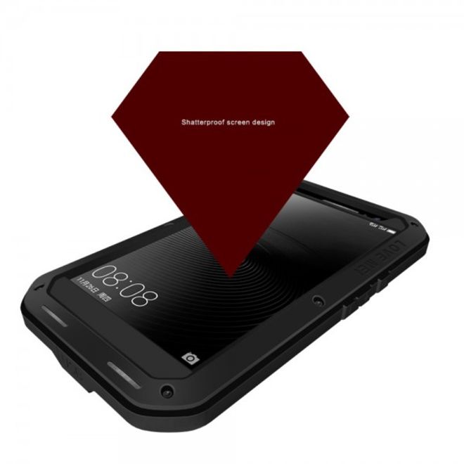 Huawei Mate 8 LOVE MEI Ultrarobustes Metall, Silikon und gehärtetes Glas Cover Case - schwarz