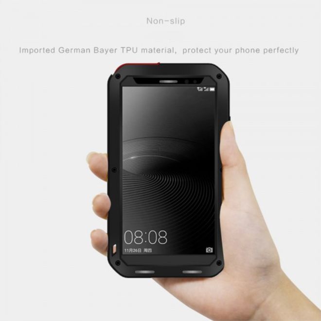 Huawei Mate 8 LOVE MEI Ultrarobustes Metall, Silikon und gehärtetes Glas Cover Case - schwarz