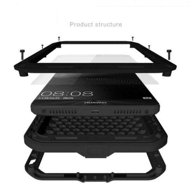 Huawei Mate 8 LOVE MEI Ultrarobustes Metall, Silikon und gehärtetes Glas Cover Case - schwarz