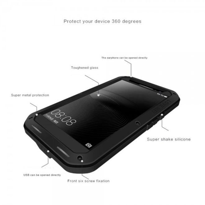 Huawei Mate 8 LOVE MEI Ultrarobustes Metall, Silikon und gehärtetes Glas Cover Case - schwarz