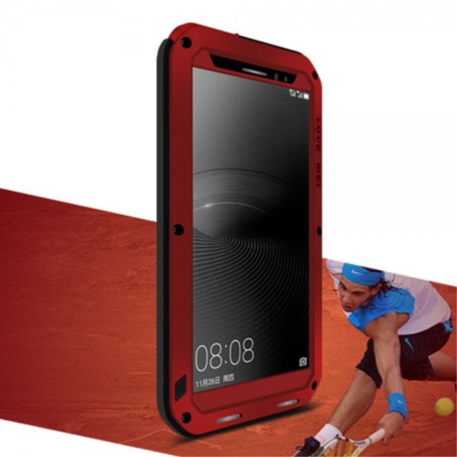 Huawei Mate 8 LOVE MEI Ultrarobustes Metall, Silikon und gehärtetes Glas Cover Case - rot