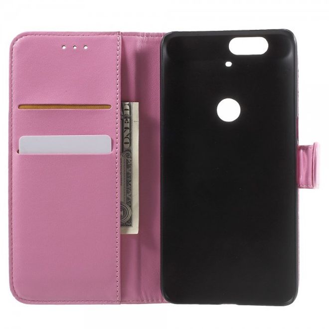 Huawei Nexus 6P Sanfte Leder Case Hülle mit Kreditkartenslots und Standfunktion - pink
