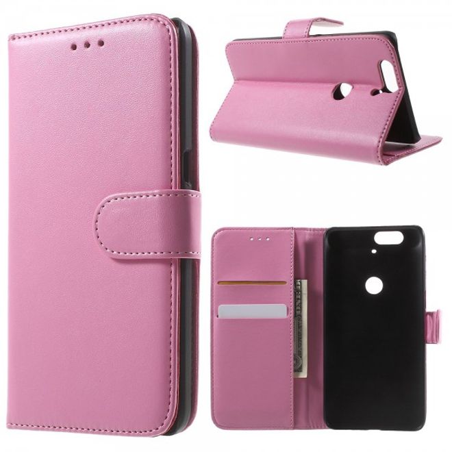 Huawei Nexus 6P Sanfte Leder Case Hülle mit Kreditkartenslots und Standfunktion - pink