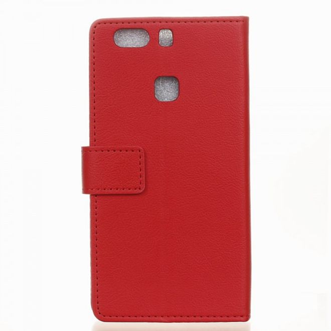 Huawei P9 Plus Klassische Leder Cover Hülle mit Litchitextur und Standfunktion - rot
