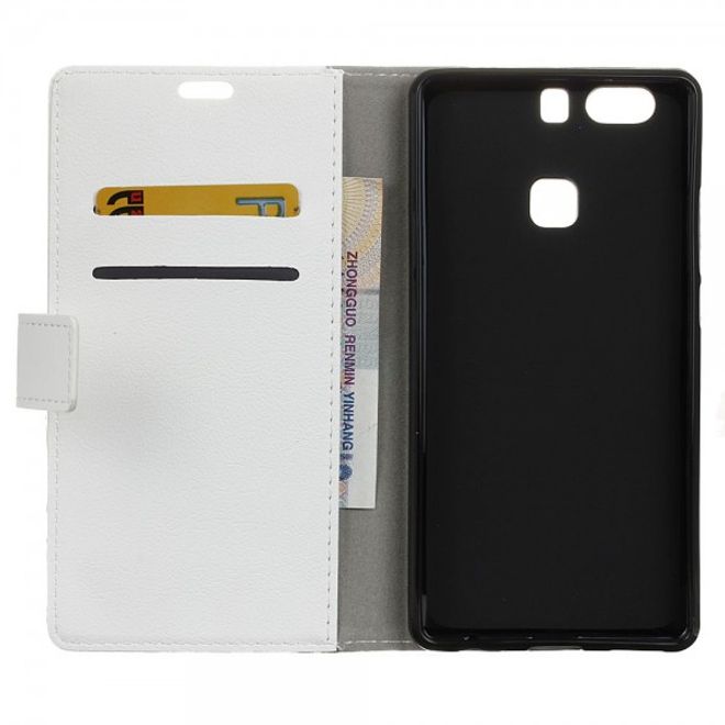 Huawei P9 Plus Klassische Leder Cover Hülle mit Litchitextur und Standfunktion - weiss
