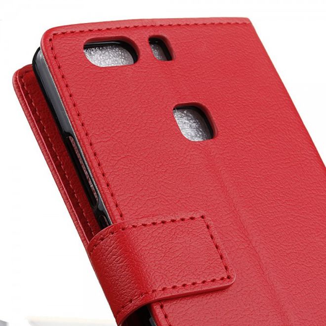 Huawei P9 Plus Klassische Leder Cover Hülle mit Litchitextur und Standfunktion - rot
