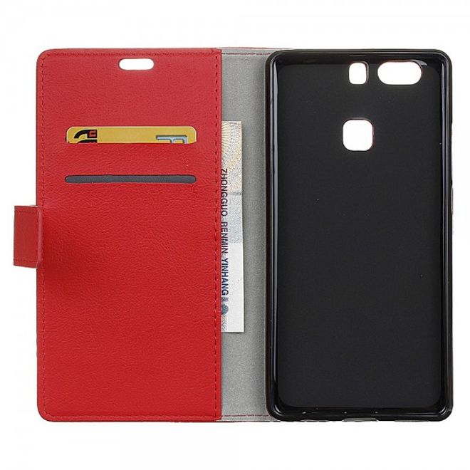 Huawei P9 Plus Klassische Leder Cover Hülle mit Litchitextur und Standfunktion - rot