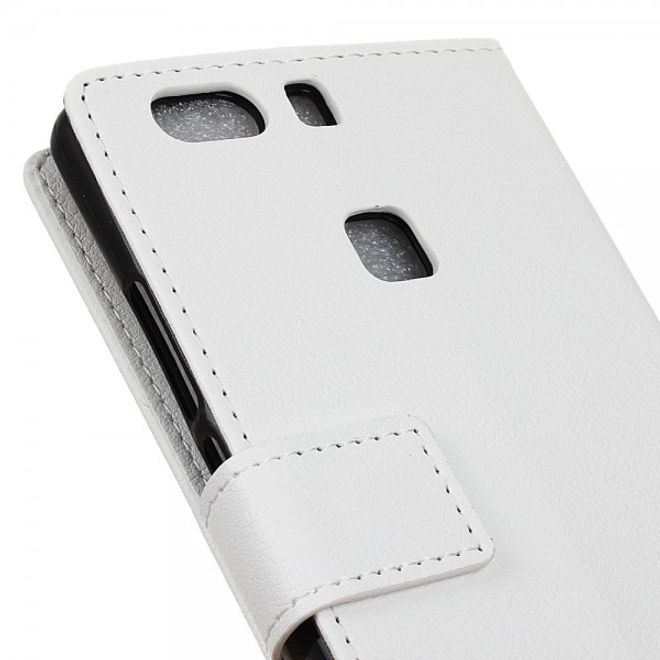Huawei P9 Plus Klassische Leder Cover Hülle mit Litchitextur und Standfunktion - weiss