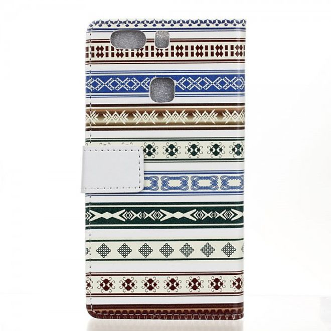 Huawei P9 Plus Leder Case Handy Hülle mit geometrischem Stammesmuster