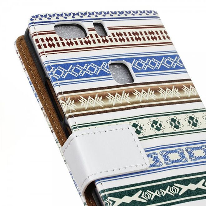 Huawei P9 Plus Leder Case Handy Hülle mit geometrischem Stammesmuster