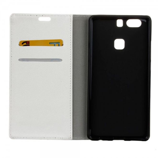 Huawei P9 Plus Leder Case Hülle mit sandartiger Oberfläche und Standfunktion - weiss