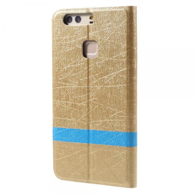Huawei P9 Plus Leder Case Hülle mit stoffartiger Textur und Standfunktion - gold