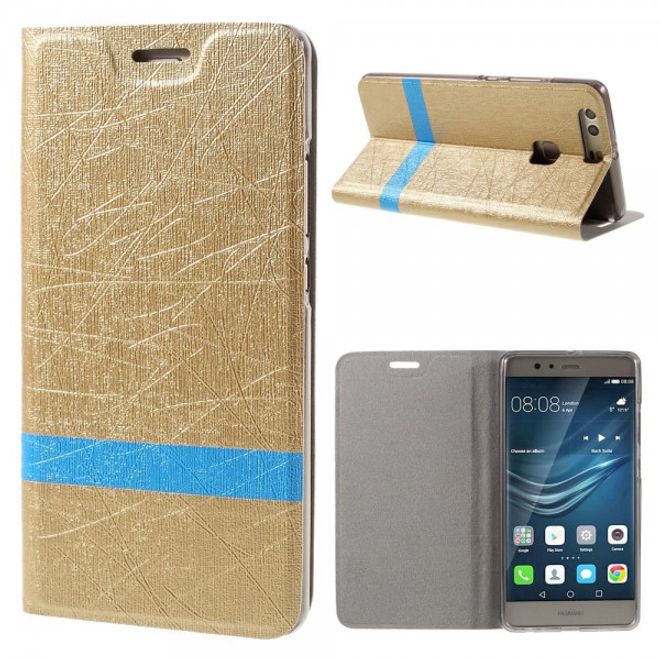 Huawei P9 Plus Leder Case Hülle mit stoffartiger Textur und Standfunktion - gold