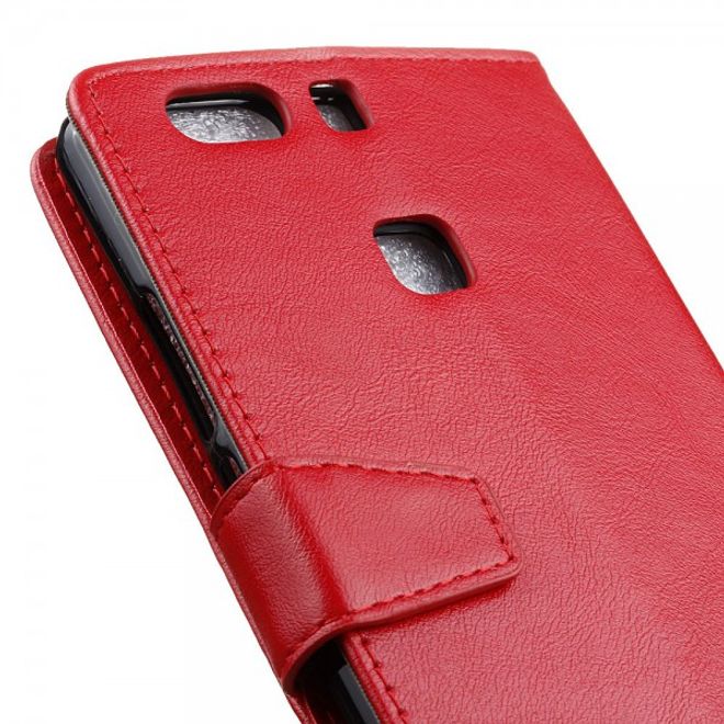 Huawei P9 Plus Schicke Crazy Horse Leder Case Hülle mit Standfunktion - rot