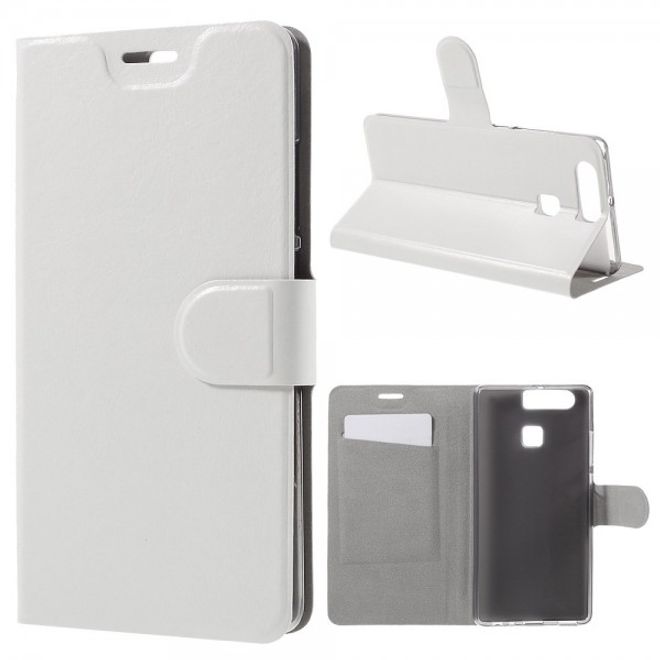 Huawei P9 Schicke Crazy Horse Leder Case Hülle mit Standfunktion und Kreditkartenslots - weiss