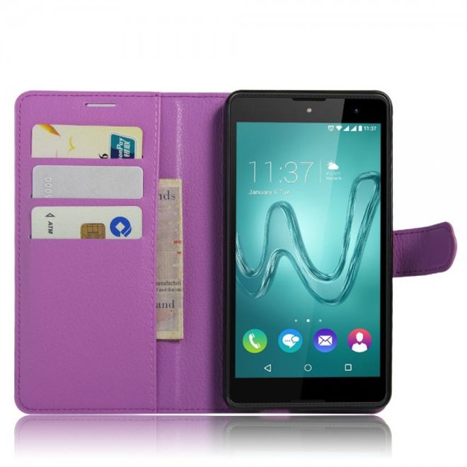 Hülle für Wiko Robby - Handy Case aus Leder - mit Litchitextur und Standfunktion - purpur