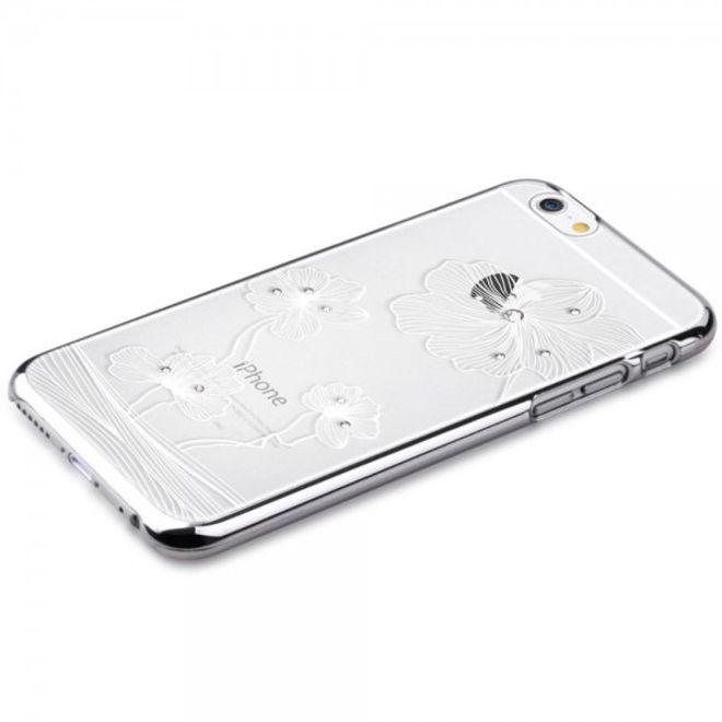 iPhone 6 Plus/6S Plus Hart Plastik Cover Case mit Blumenmuster und Glassteinen - silber