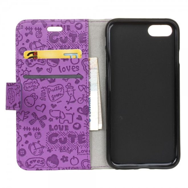 Étui pour iPhone SE (2022) / SE (2020) / 8 / 7 - Cuir - Motif graffiti - Avec fonction support - Violet