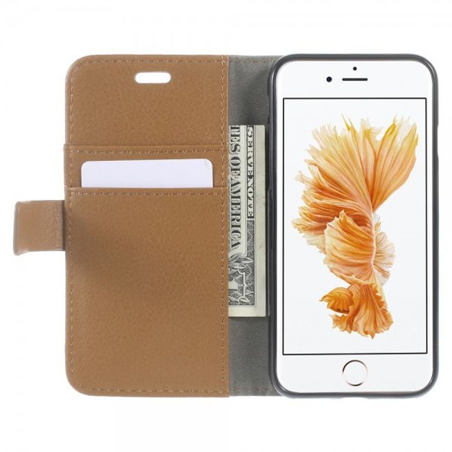 Étui pour iPhone SE (2022) / SE (2020) / 8 / 7 - Étui à rabat en cuir - Texture litchi et fonction support - Marron