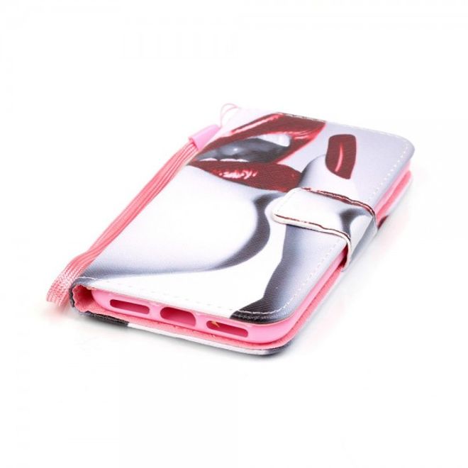 Étui en cuir avec dragonne et bords rouges pour iPhone SE (2022) / SE (2020) / 8 / 7