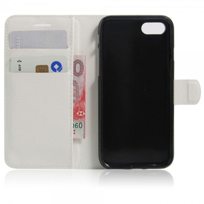 Étui élégant en cuir blanc pour iPhone SE (2022) / SE (2020) / 8 / 7, avec emplacements pour cartes de crédit et motif litchi.