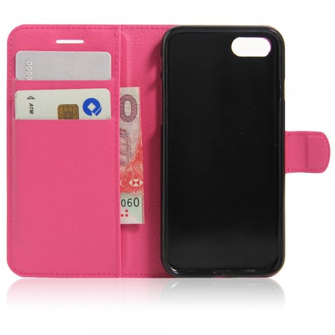 Étui élégant en cuir rose pour iPhone SE (2022) / SE (2020) / 8 / 7, avec emplacements pour cartes de crédit et motif litchi.