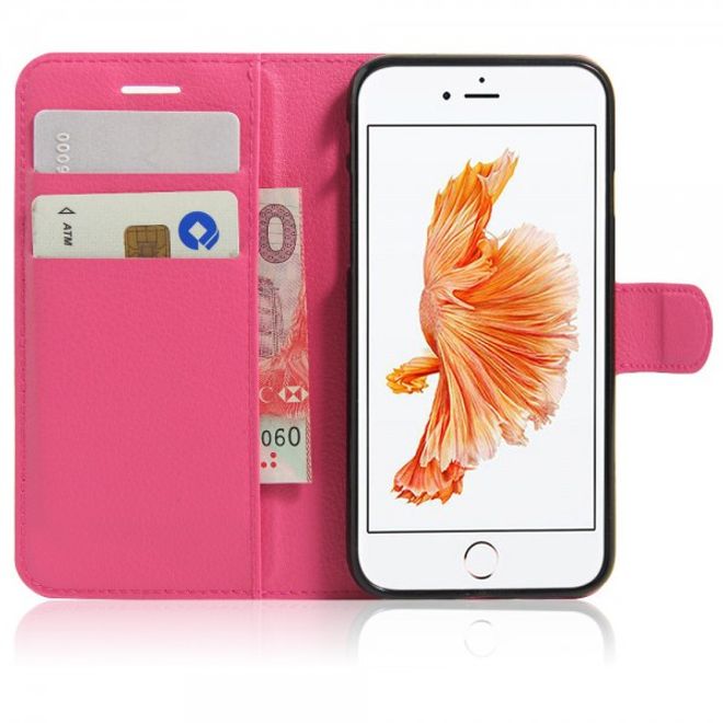 Étui élégant en cuir rose pour iPhone SE (2022) / SE (2020) / 8 / 7, avec emplacements pour cartes de crédit et motif litchi.